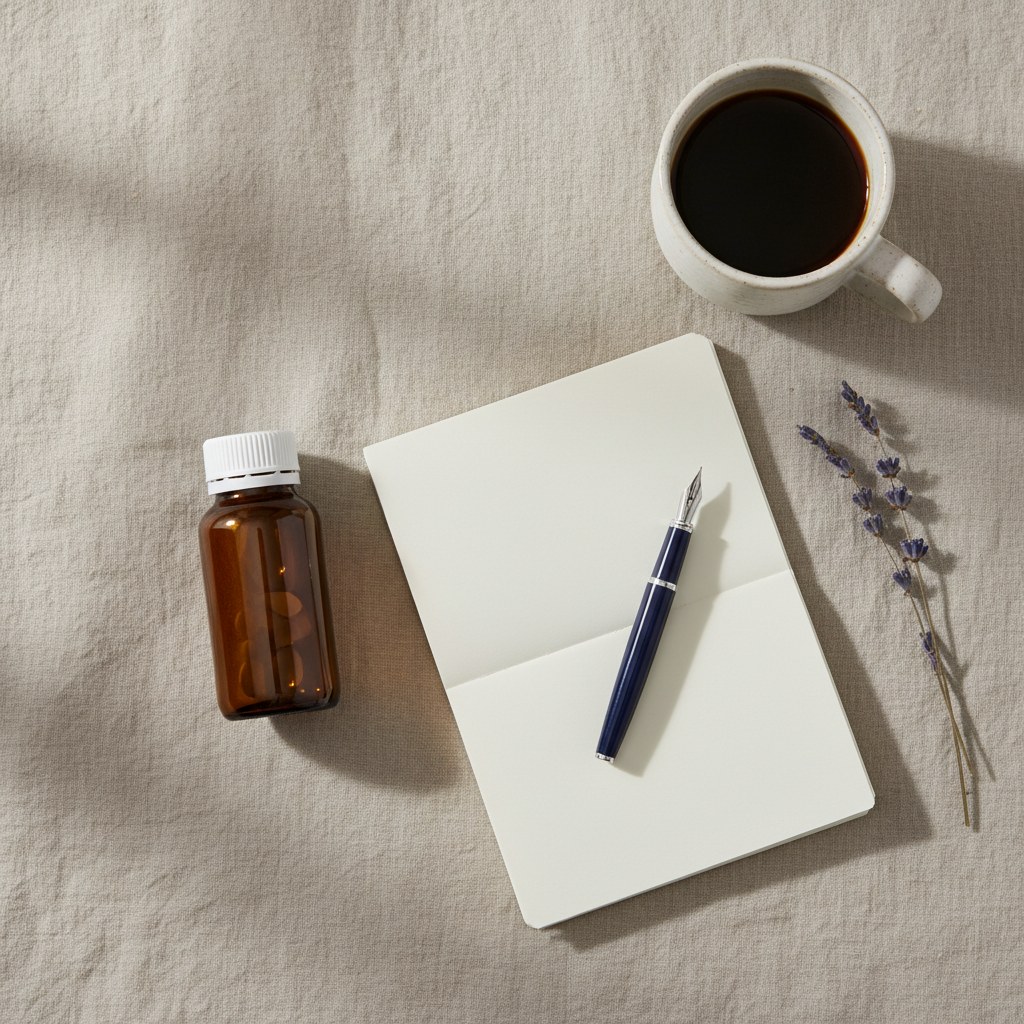 Tablet bottle, notebook, coffee, and dried herbs on a quiet morning workspace